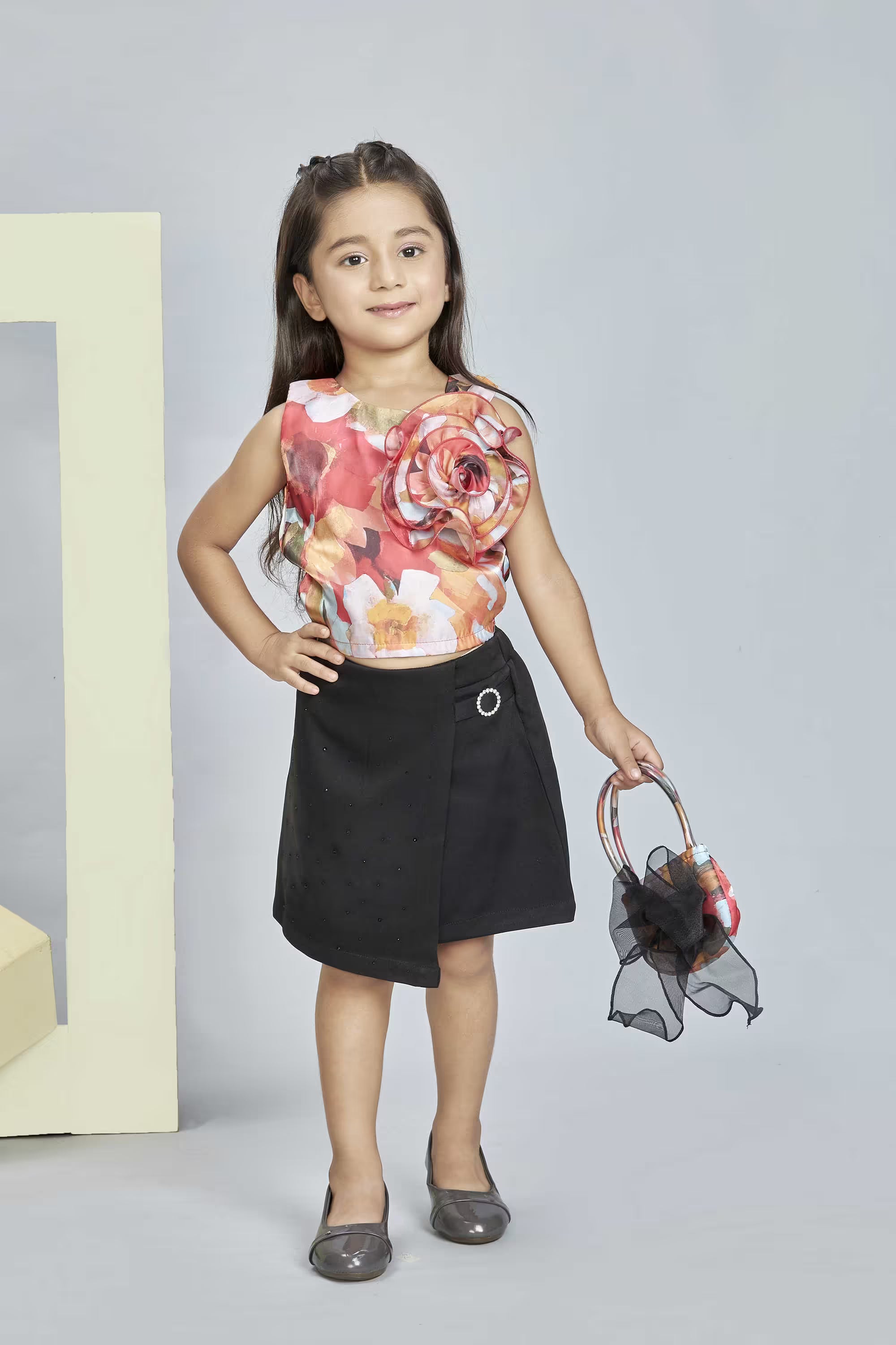 Printed Blended Fabric Round Neck Girl's Casual Wear Dress