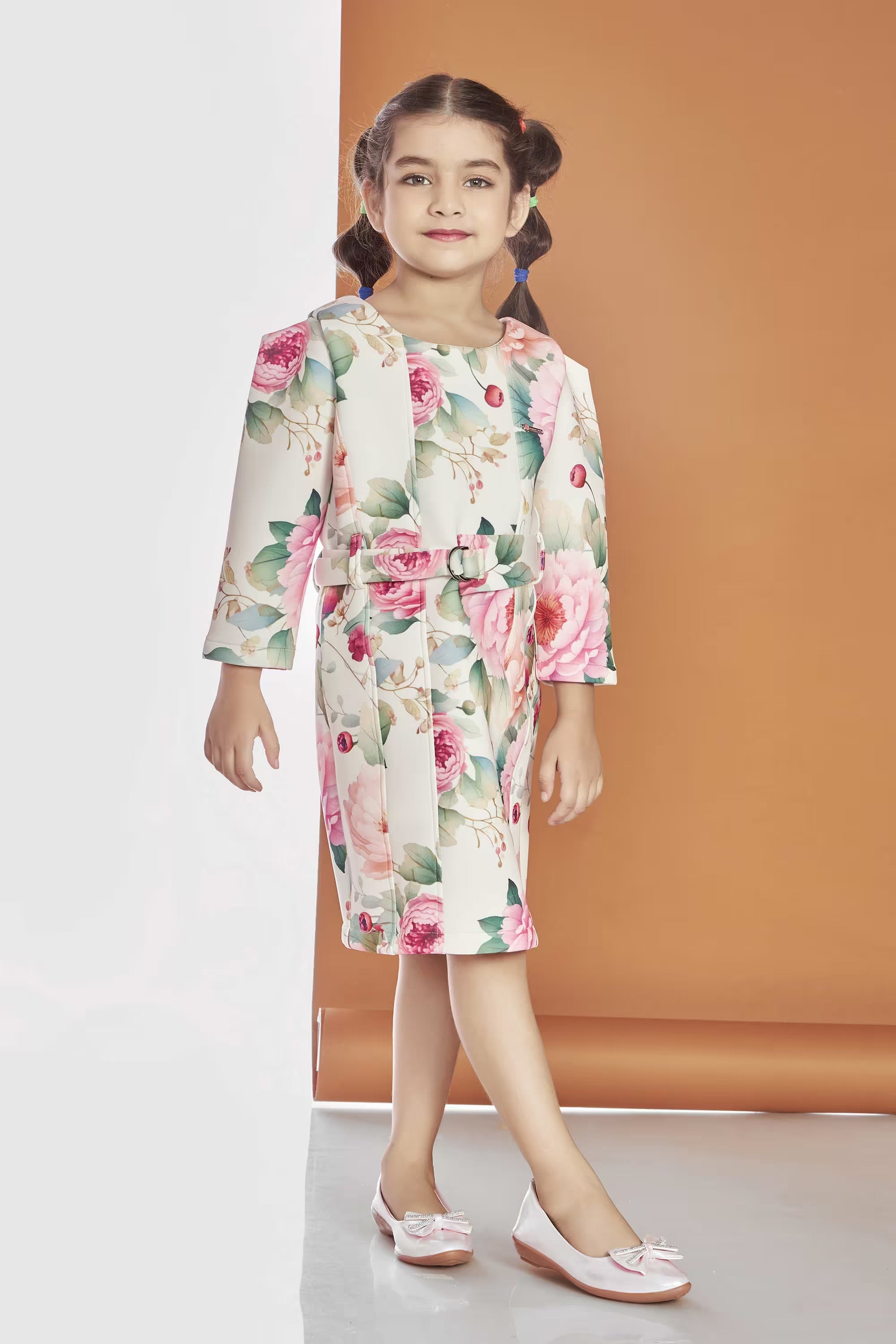Floral Blended Fabric Round Neck Girls Casual Wear Dress