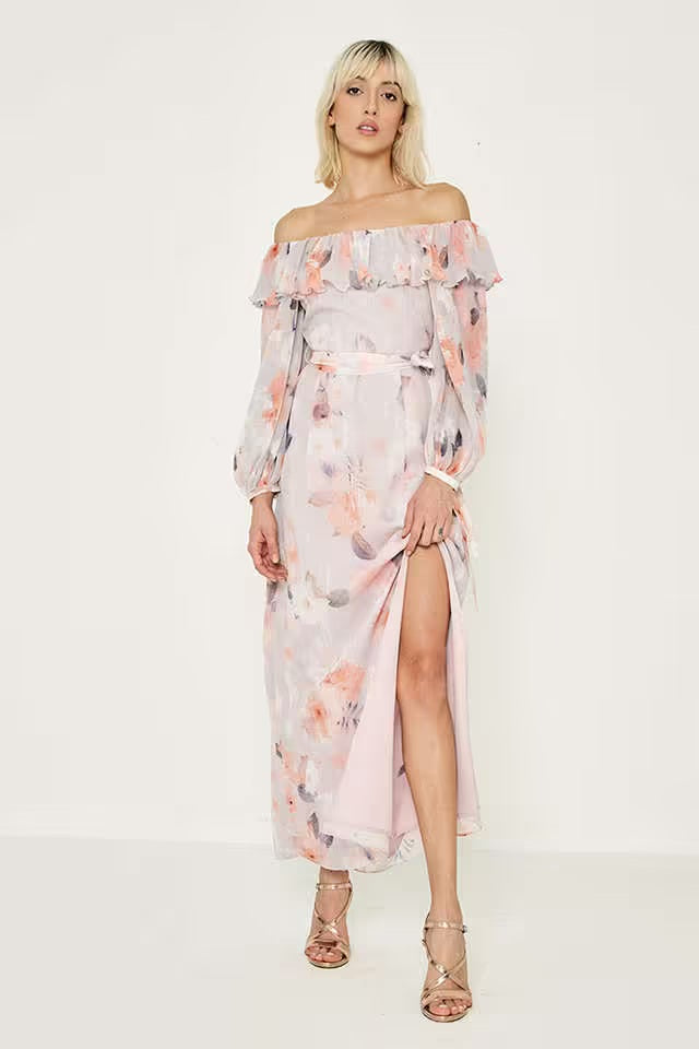 Printed Polyester off shoulder Women's Maxi Dress